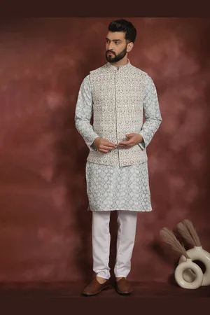 Floral Embroidered Mandarin Collar Long Sleeves Kurta with Churidar Nehru Jacket