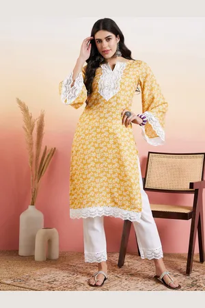 Floral Printed Thread Work Straight Kurta