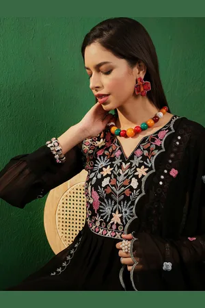 V Neck Floral Embroidered A Line Kurta with Palazzos & Dupatta