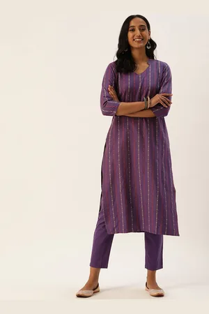 Striped Printed Mandarin Collar Three-Quarter SleevesThread Work Kurta Set