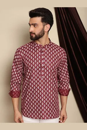 Maroon Ethnic Motifs Printed Cotton Linen Short Kurta
