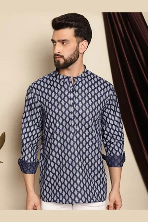 Navy Blue Ethnic Motifs Printed Band Collar Kurta