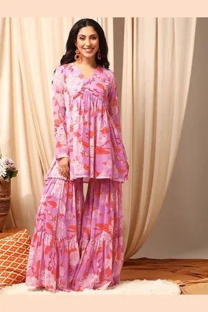 Women Floral Printed Pleated Kurta with Sharara
