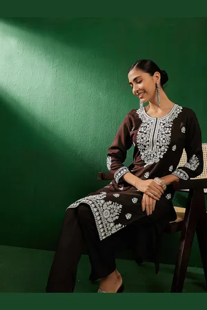 Brown Floral Embroidered Thread Work Kurta & Trousers
