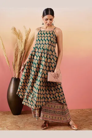 Ethnic Motifs Printed Shoulder Straps Anarkali Pure Cotton Kurta With Palazzos