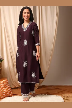 Burgundy Floral Embroidered Thread Work V-Neck Straight Kurta With Palazzo