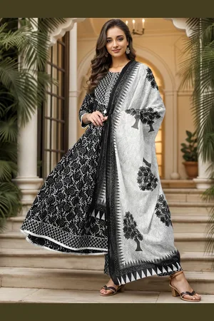 Women Black & White Printed Sequinned Kurta with Trousers & Dupatta