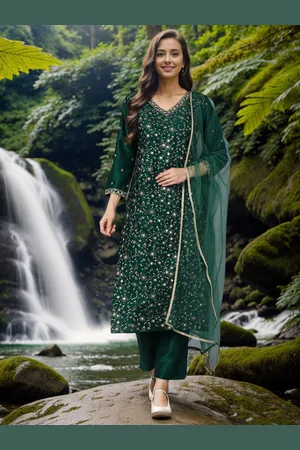 Floral Embroidered Regular Sequinned Kurta with Trousers & Dupatta