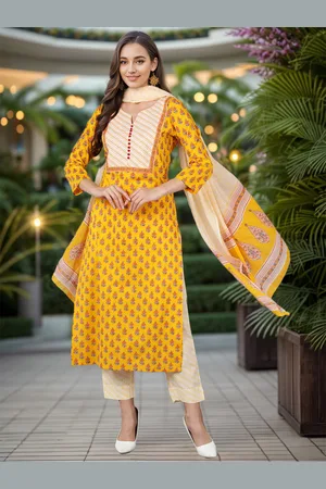 Women Yellow & Orange Printed Kurta with Palazzos & Dupatta