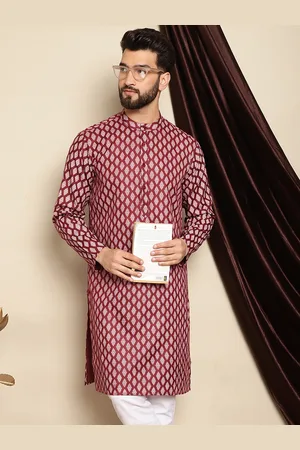 Maroon Ethnic Motifs Printed Band Collar Cotton Linen Straight Kurta