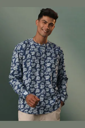 Kantha Work Printed Band Collar Straight Short Kurta