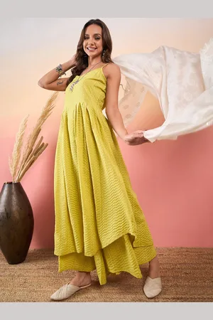 Shoulder Straps Printed Pleated Kantha Work A-Line Kurta with Trousers & Dupatta